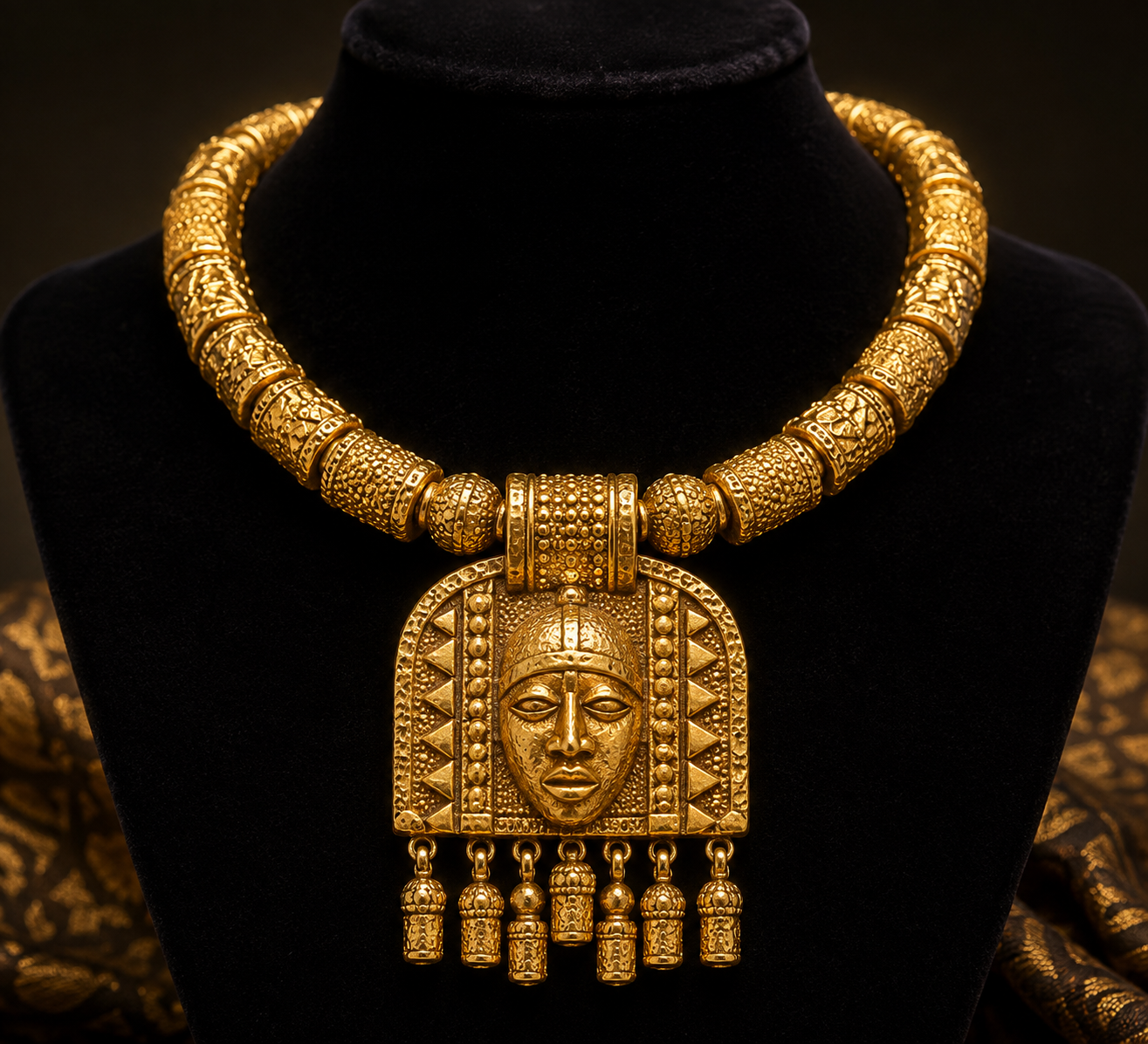A luxurious gold African-inspired statement necklace photographed against black velvet.