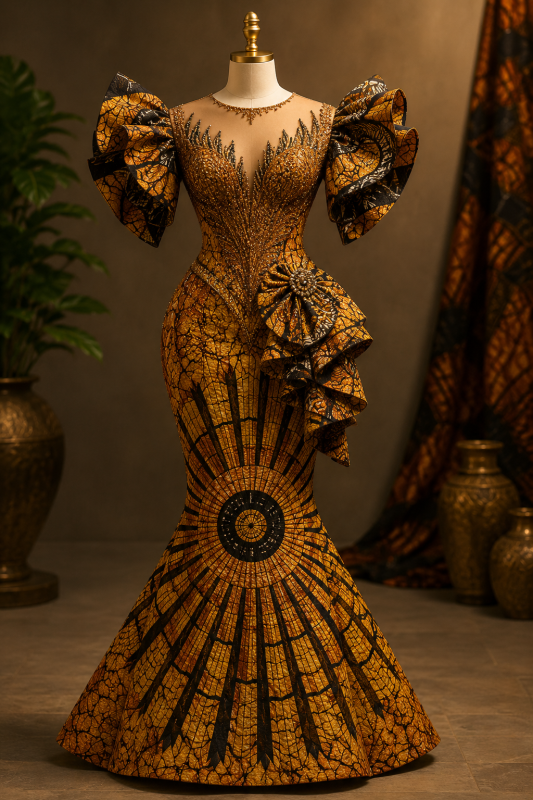 A luxurious African-inspired couture gown combining dramatic Ankara, gold beadwork, and sculptural ruffles.